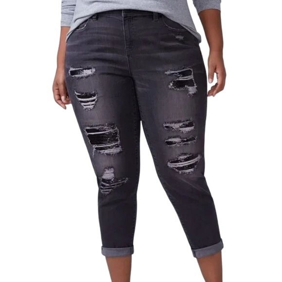 Lane Bryant Denim - Lane Bryant Low Rise Girlfriend Sequin Distressed Jeans Womens 20 Cotton Blend